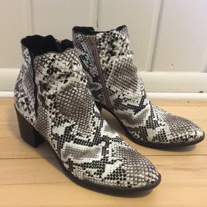 Black and white faux snakeskin booties
